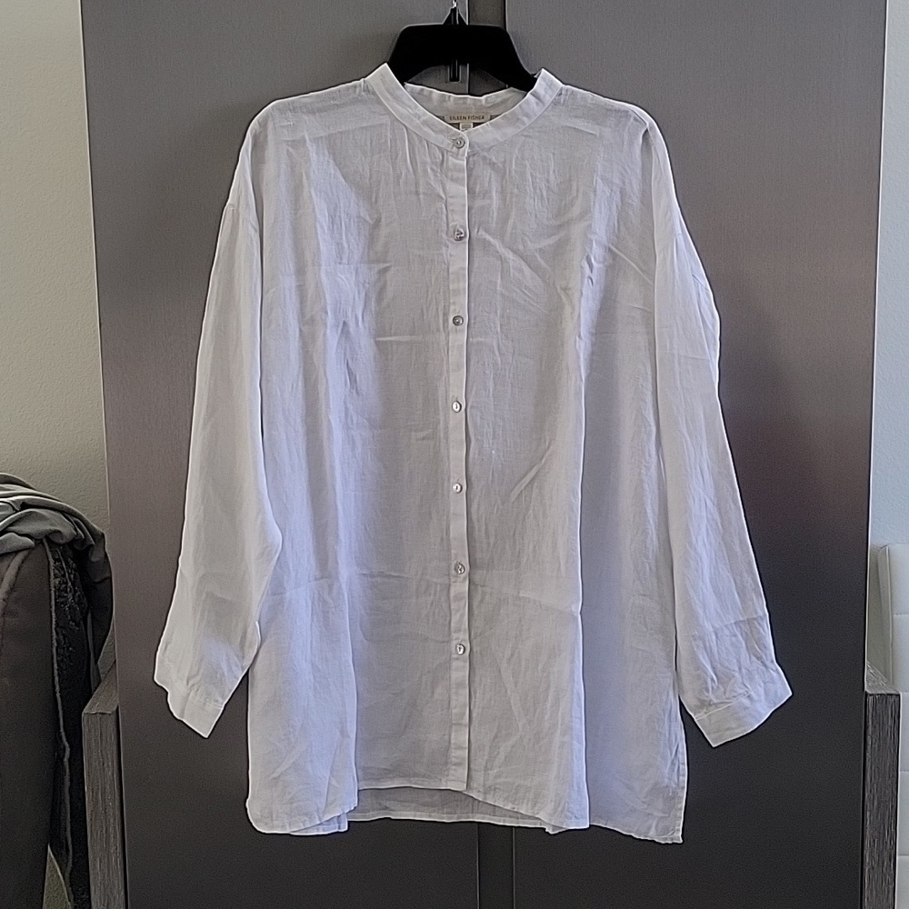 Eileen Fisher Organic Handkerchief Linen Mandarin Collar Shirt - Picture 12 of 15